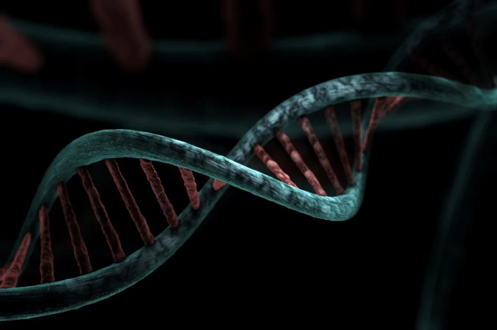DNA helix overlayed with blockchain nodes